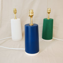 Load image into Gallery viewer, Block colour handmade table lamp bases in blue white and green all with brass light fittings
