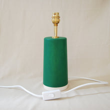 Load image into Gallery viewer, green lamp base with brass fitting and white switched power cord showing on a neutral background
