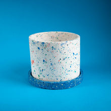 Load image into Gallery viewer, white terrazzo planter with blue tray
