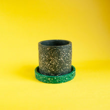 Load image into Gallery viewer, small black plant pot with green saucer
